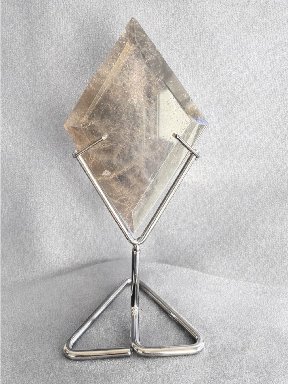 Smoky Quartz Crystal Faceted Diamond on Metal Stand